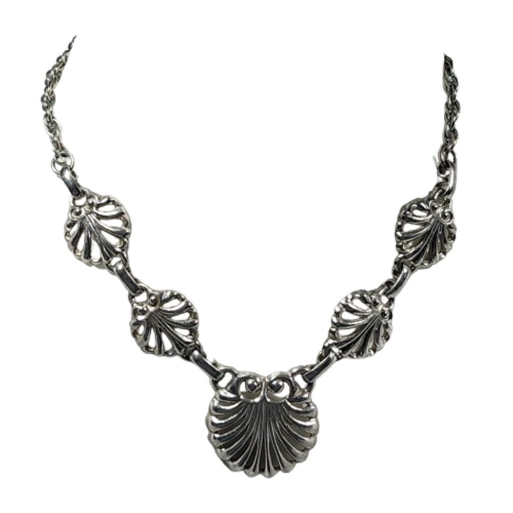 Vtg 1960s Silver Tone Filigree Shell Collar Necklace